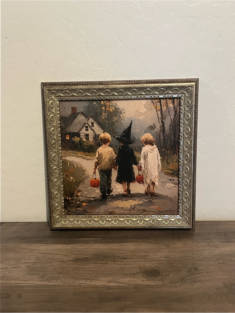 Petal Lane Children Trick or Treating Halloween Wall Art -Cream & Black